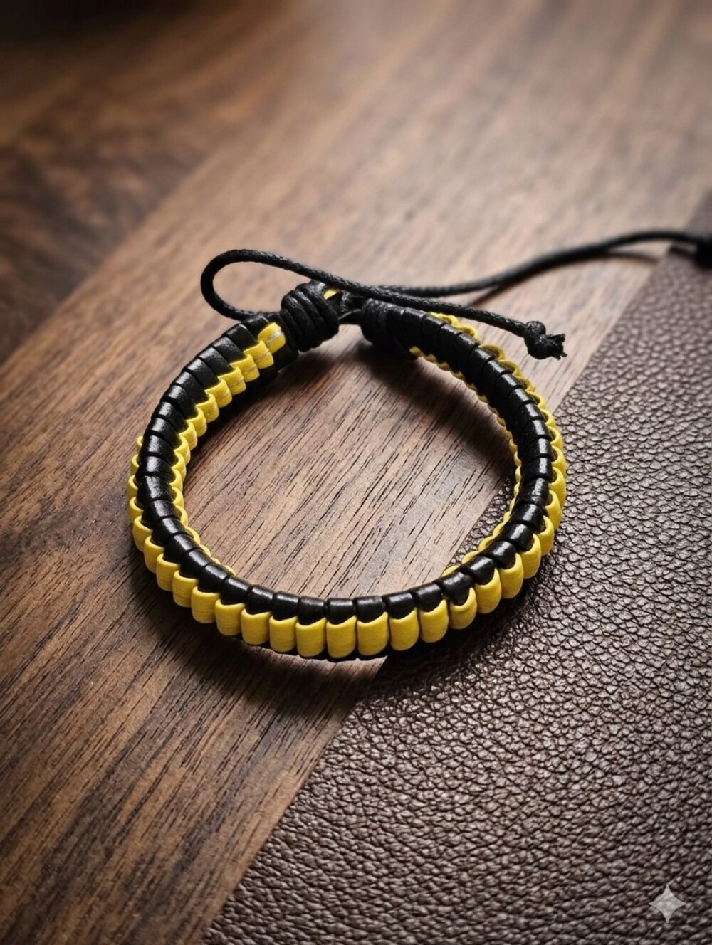 Handwoven Yellow and Black Leather Bracelet - Picture 1 of 1